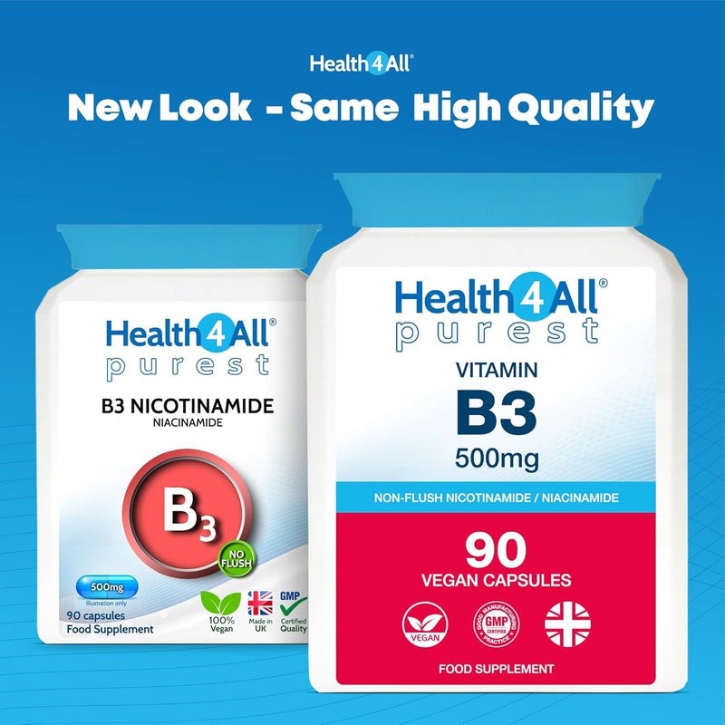 Health4All Vitamin B3 Niacin as Nicotinamide Niacinamide 500mg 90 Capsules Purest No Additives Vegan Gluten Free NoFlush Niacin Vitamin B3 Capsules Made in UK - Image 2