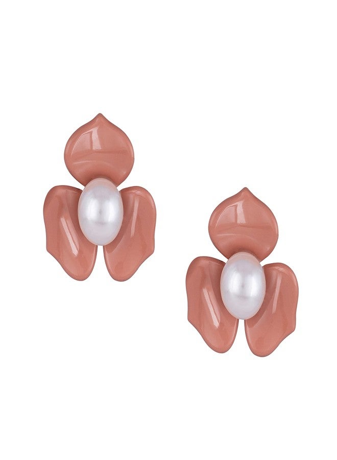 JFL - Jewellery for Less Fabulous Floral with Pearls Stud Earrings Set of 2 for Women and Girls (Golden, Pinkish Peach),Valentine - Image 3