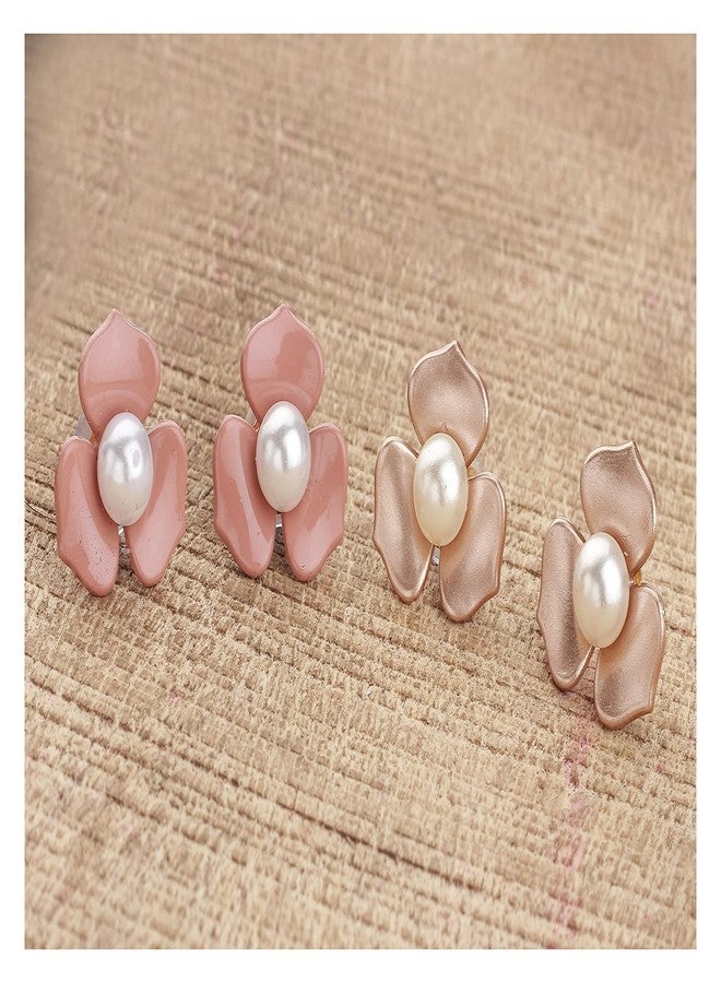 JFL - Jewellery for Less Fabulous Floral with Pearls Stud Earrings Set of 2 for Women and Girls (Golden, Pinkish Peach),Valentine - Image 4
