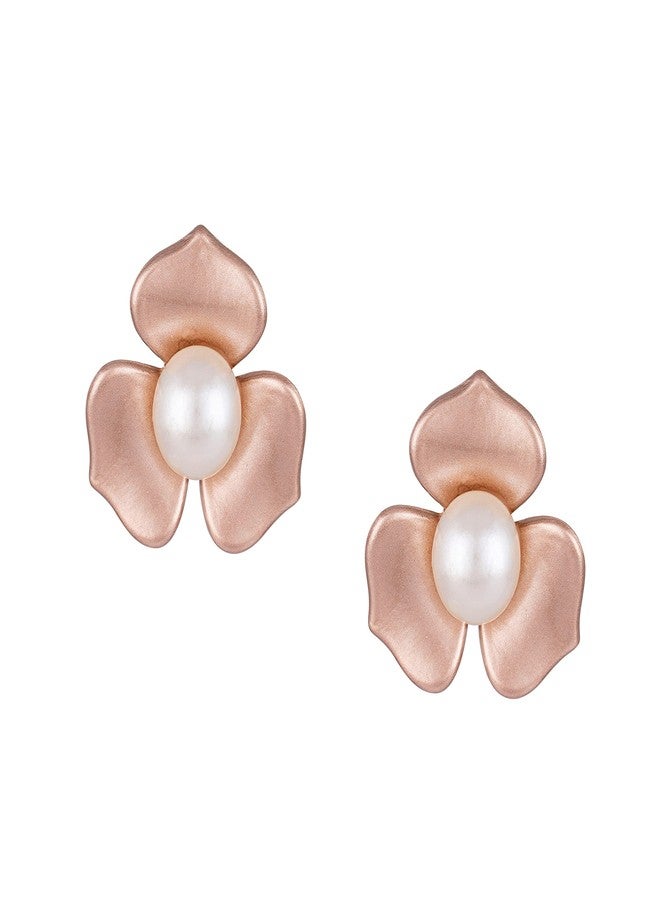 JFL - Jewellery for Less Fabulous Floral with Pearls Stud Earrings Set of 2 for Women and Girls (Golden, Pinkish Peach),Valentine - Image 5