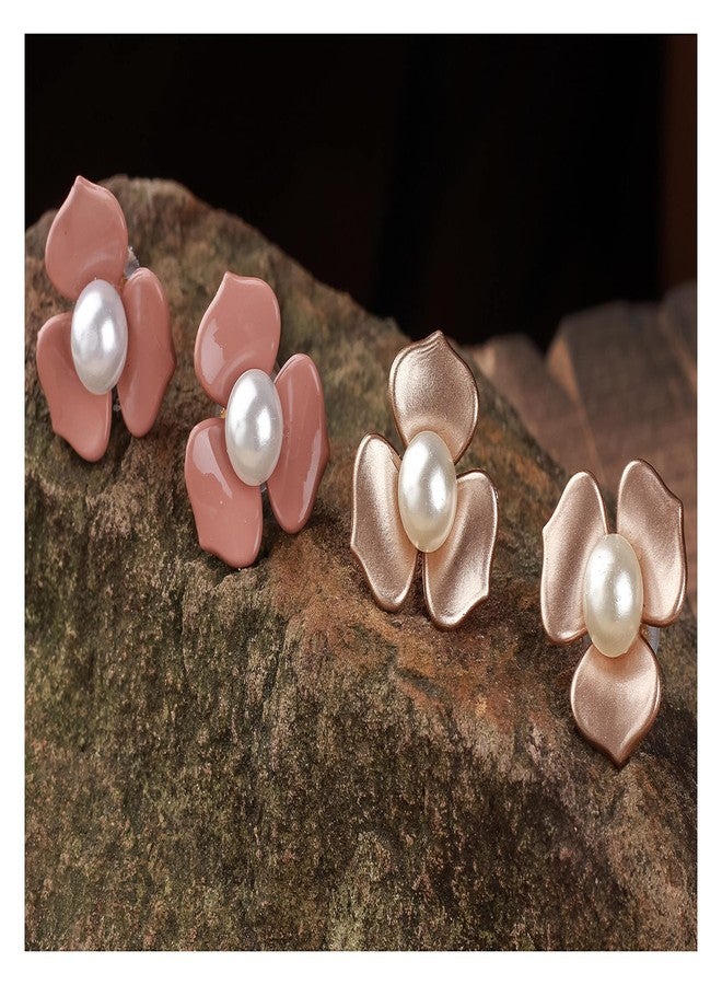 JFL - Jewellery for Less Fabulous Floral with Pearls Stud Earrings Set of 2 for Women and Girls (Golden, Pinkish Peach),Valentine - Image 2