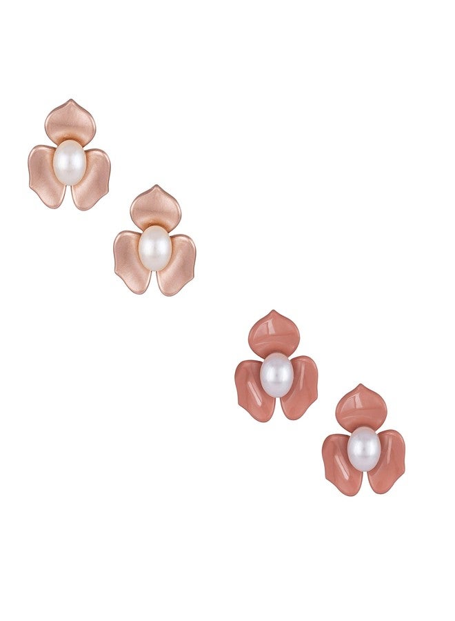 JFL - Jewellery for Less Fabulous Floral with Pearls Stud Earrings Set of 2 for Women and Girls (Golden, Pinkish Peach),Valentine - Image 1