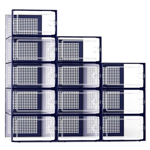 Kuject XLarge Shoe Storage Boxes Organizers Clear Plastic Stackable 12 Pack Shoe Rack  Holder Substitute Sneaker Containers Toy Storage Organizer Bins for Entryway Closet Under Bed Blue