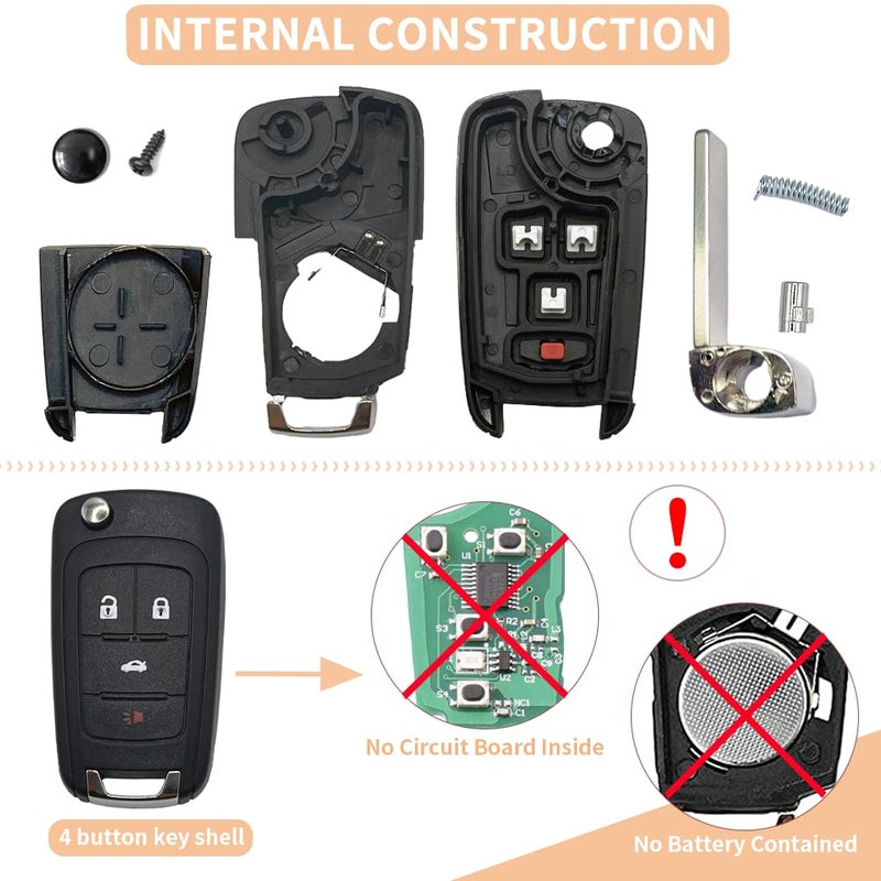 JJCHQ 4 Button Key Fob Keyless Entry Remote Shell Case Replacement for Chevy Cruze Equinox Camaro Impala Malibu Sonic Buick Regal Verano Encore Lacrosse GMC Terrain 2010 2011 2012 2013 2014 2015 2016-2021 - Image 2
