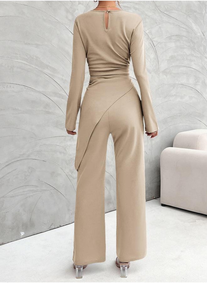 Take Two Solid Asymmetric Hem Long Sleeve Top and Straight Leg Pants Set by Styli  - Image 2