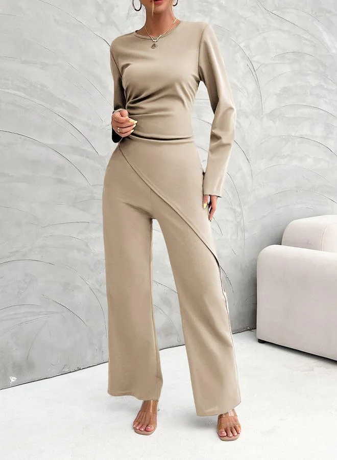 Take Two Solid Asymmetric Hem Long Sleeve Top and Straight Leg Pants Set by Styli