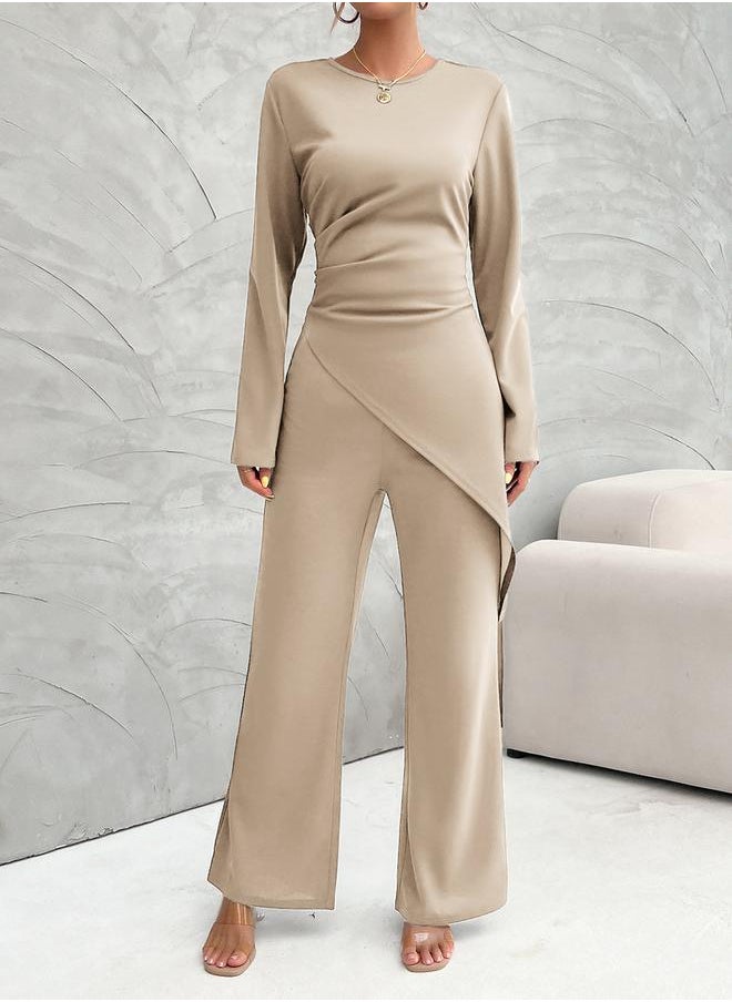 Take Two Solid Asymmetric Hem Long Sleeve Top and Straight Leg Pants Set by Styli  - Image 1