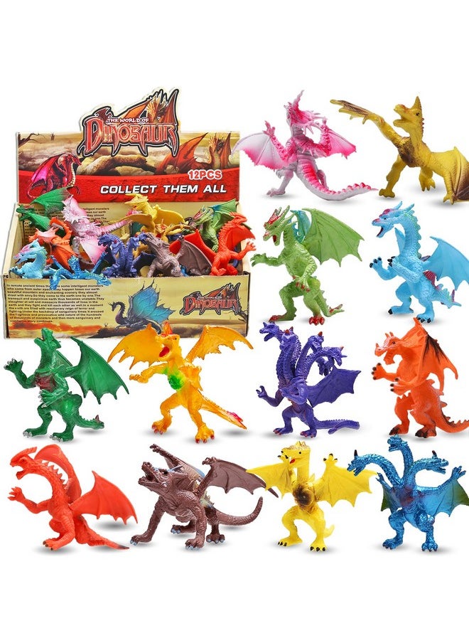 ValeforToy - 4 Inch Realistic Detail Dragon Toy Set With Gift Box, 12 Pcs Mini Dragon Figure In And Styles, Dragon Theme Party Favors Toy For Kids, Goody Bag Filler, Bulk Gifts, Cake Toppers - Image 1