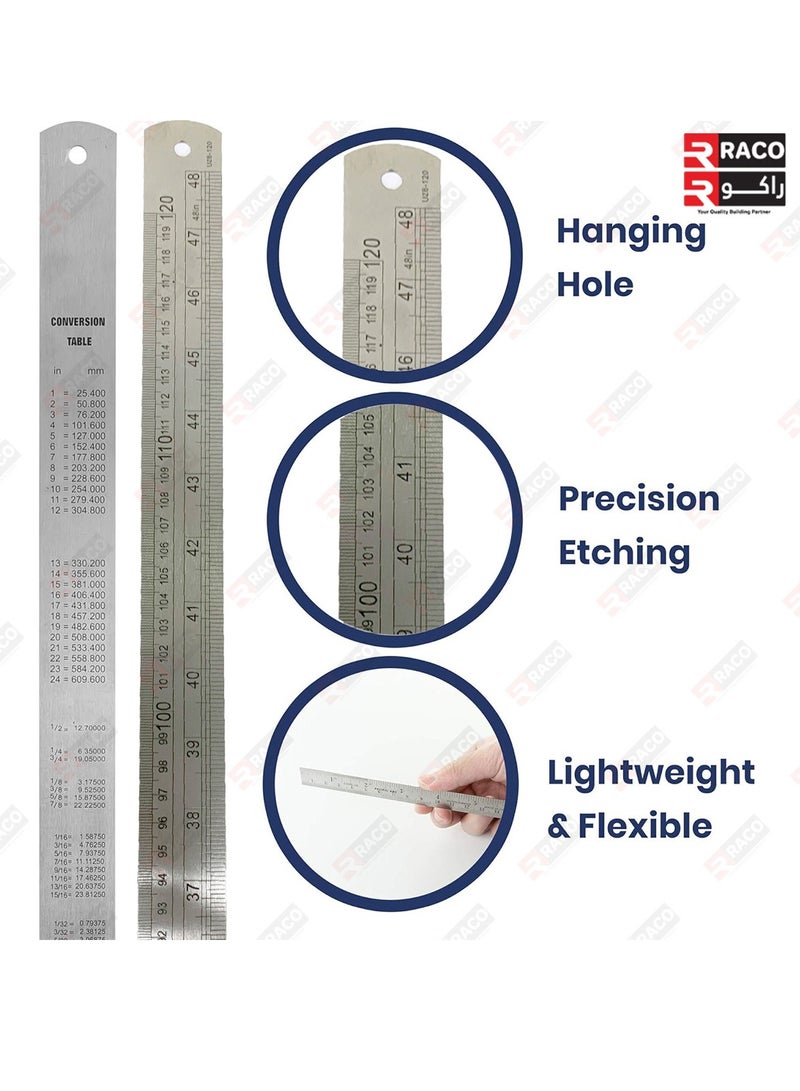 راكو مسطرة راكو من الفولاذ المقاوم للصدأ، مقاس 150 سم (60 بوصة)، ميزان قياس معدني عالي التحمل مع طاولة تحويل، للاستخدام في المدارس والمكاتب والمنازل والمهندسين المعماريين والحرفيين | 1.5 متر - Image 2