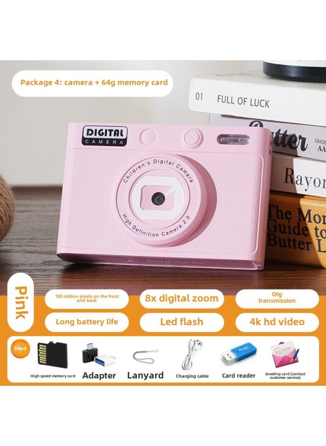 Generic H9 HD Children Digital Camera Cartoon Camera Portable DSLR Camera Toy Kids Birthday Gift-Body Color:H9 Pink 64g Memory + Card Reader Adapter  - Image 1