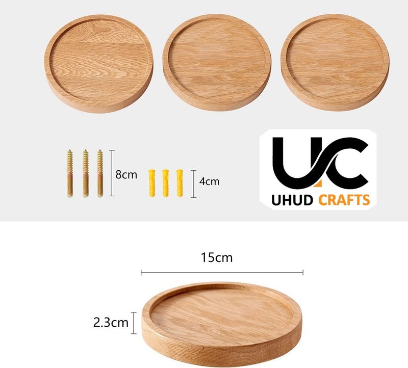 UHUD CRAFTS مجموعة UHUD CRAFTS الزخرفية من 3 رفوف حائط خشبية صغيرة دائرية موفرة للمساحة رفوف خشبية صلبة عائمة رفوف حائط خشبية للنباتات لتزيين المنزل - Image 5