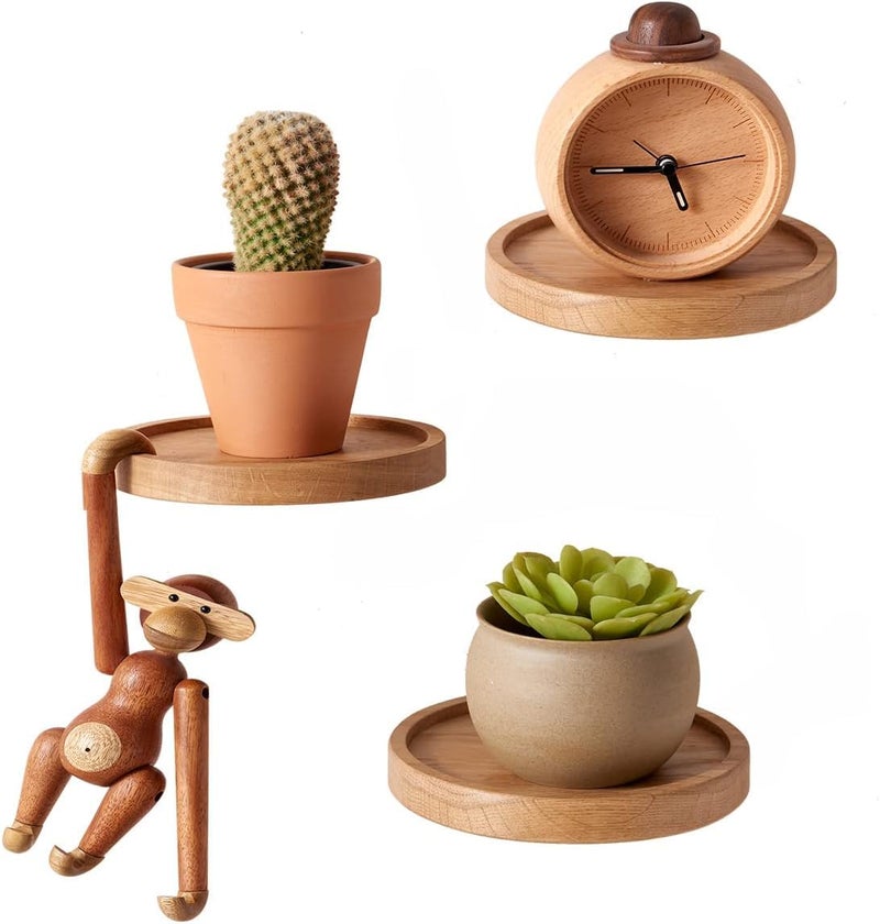 UHUD CRAFTS مجموعة UHUD CRAFTS الزخرفية من 3 رفوف حائط خشبية صغيرة دائرية موفرة للمساحة رفوف خشبية صلبة عائمة رفوف حائط خشبية للنباتات لتزيين المنزل - Image 1