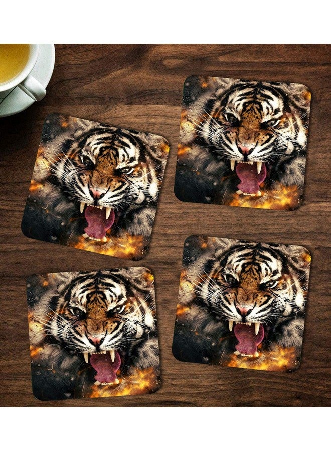 ASHVAH Tiger Print/Typography Tea/Coffee Mug/Designer Handmade Wooden Coaster Set for Home Kitchen, Office Desk - Set of 4 - Square: 10cm - Image 1