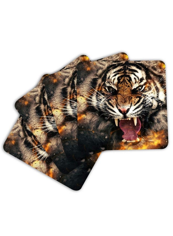 ASHVAH Tiger Print/Typography Tea/Coffee Mug/Designer Handmade Wooden Coaster Set for Home Kitchen, Office Desk - Set of 4 - Square: 10cm - Image 3