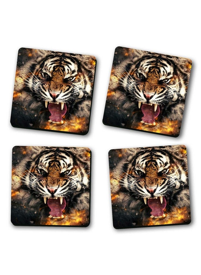 ASHVAH Tiger Print/Typography Tea/Coffee Mug/Designer Handmade Wooden Coaster Set for Home Kitchen, Office Desk - Set of 4 - Square: 10cm - Image 2