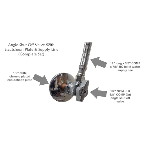 Miiflex Complete Toilet Set Valve 1/2 in. NOM Inlet x 3/8 in. OD Compression Outlet Angle Shut Off + Escutcheon Plate + 12" Long Stainless Steel Braided Brass Nut Water Supply Line - Image 2