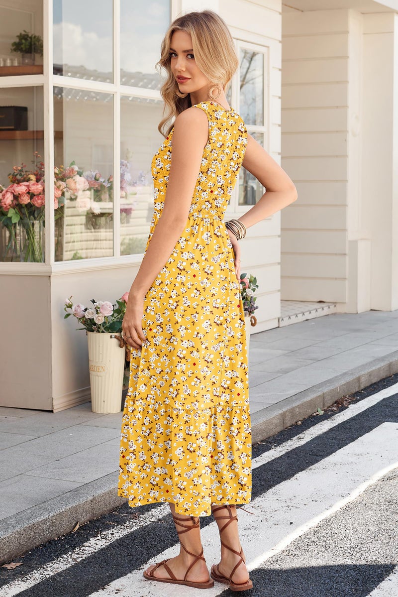 AUSELILY Women's Sleeveless Maxi Dress Summer Sundress Smocked Empire Waist Crew Neck Sun Dresses 2026 New, Yellow Floral XL - Image 5