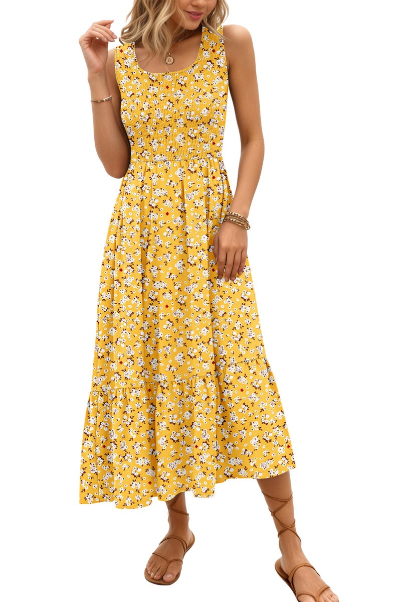 AUSELILY Women's Sleeveless Maxi Dress Summer Sundress Smocked Empire Waist Crew Neck Sun Dresses 2026 New, Yellow Floral XL - Image 1