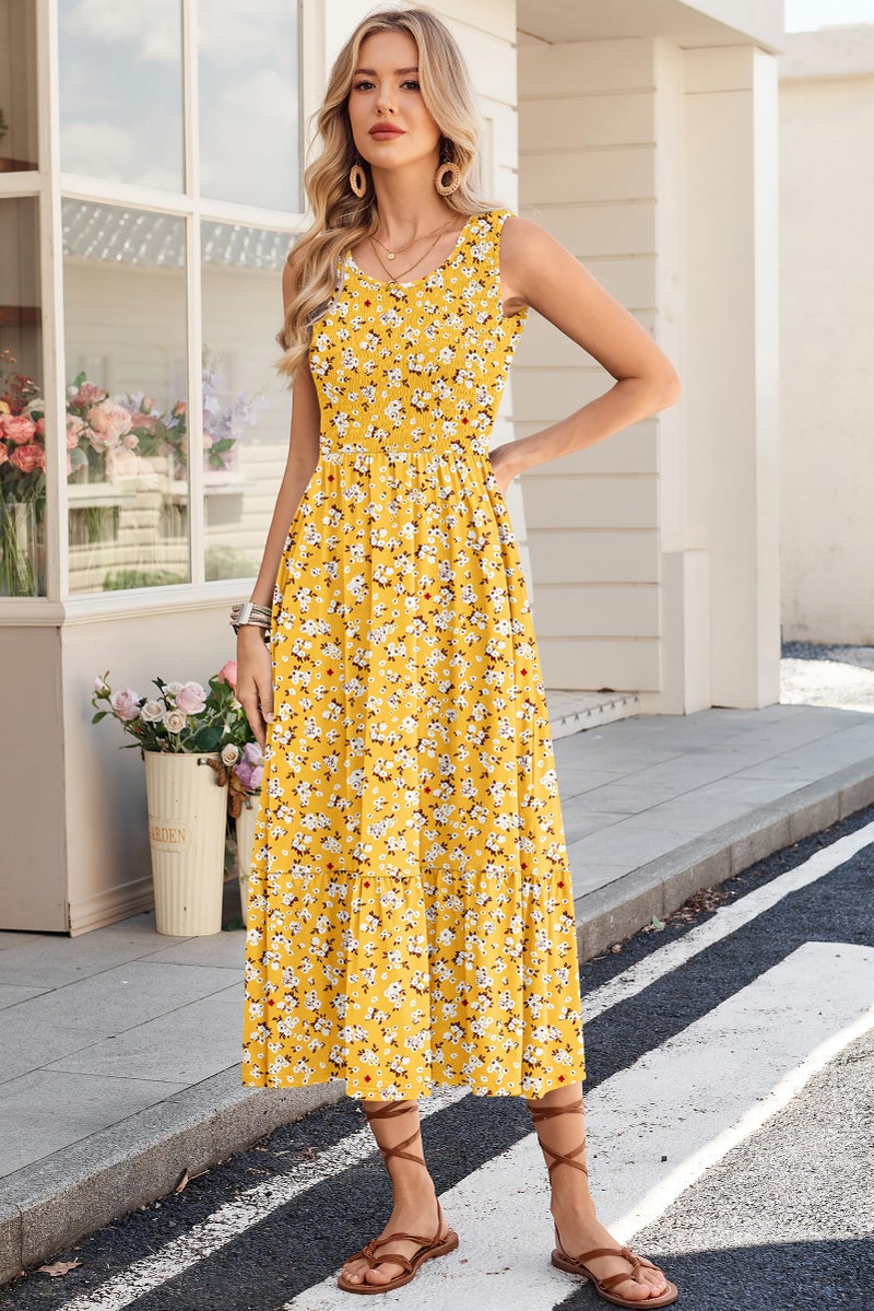 AUSELILY Women's Sleeveless Maxi Dress Summer Sundress Smocked Empire Waist Crew Neck Sun Dresses 2026 New, Yellow Floral XL - Image 4