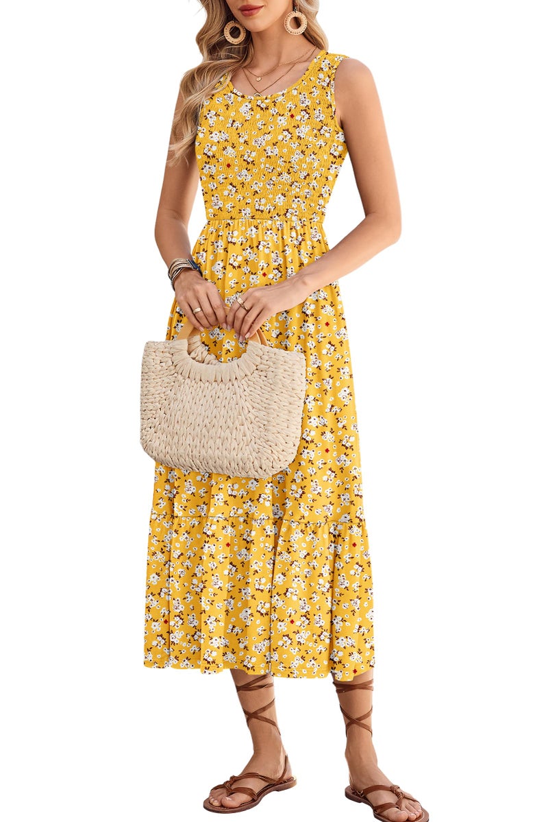 AUSELILY Women's Sleeveless Maxi Dress Summer Sundress Smocked Empire Waist Crew Neck Sun Dresses 2026 New, Yellow Floral XL - Image 2