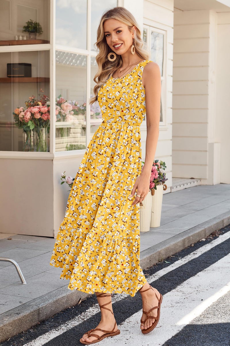 AUSELILY Women's Sleeveless Maxi Dress Summer Sundress Smocked Empire Waist Crew Neck Sun Dresses 2026 New, Yellow Floral XL - Image 3