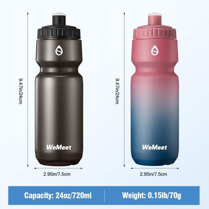WEMEET Mountain Bike Water Bottle 2-Pack, Sport Squeeze Bottle with Capacity Scale, LeakProof, BPA Free, for Cycling, Gym, Outdoors (Black & Red Blue, 24oz) - Image 4