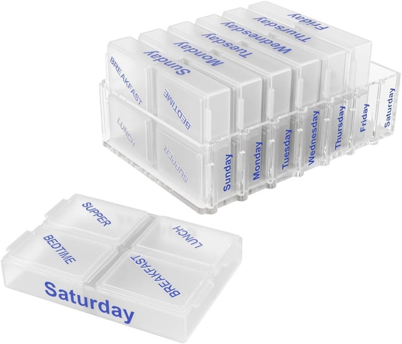 Ezy Dose EZY DOSE Weekly (7-Day) Pill Case, Medicine Planner, Vitamin Organizer Box, Pop-Out Compartments, 4 Times a Day, Pocket Sized and Travel Friendly, Clear Lids, BPA Free 
