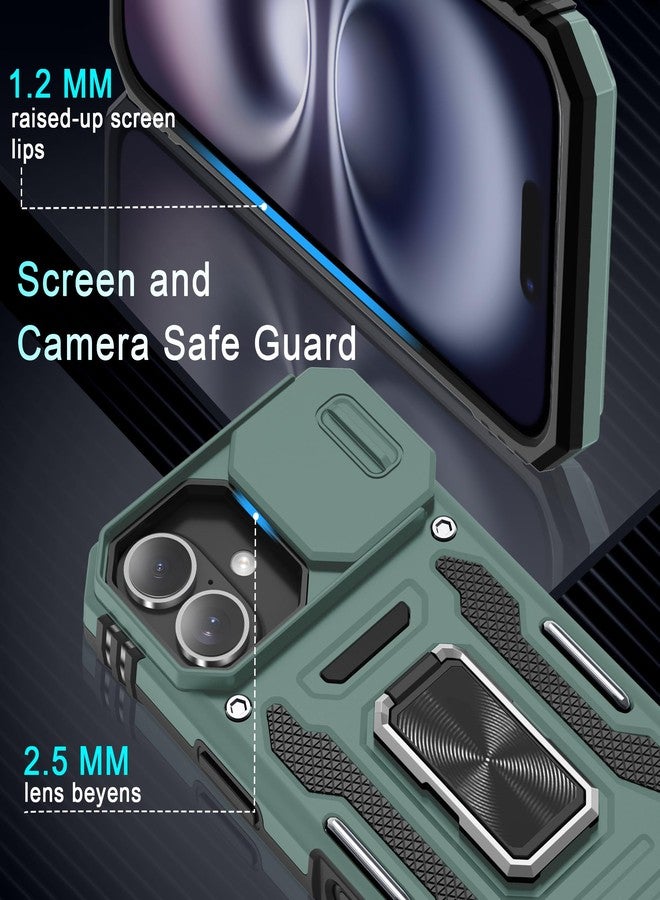 DEERLAMN Case for iPhone 16 with Slide Camera Cover+Screen Protector (2 Packs), Rotated Ring Kickstand Military Grade Shockproof Protective Cover-Green - Image 5