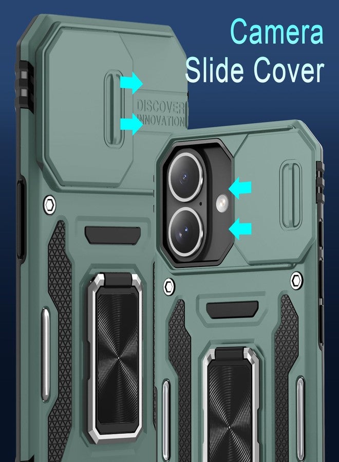 DEERLAMN Case for iPhone 16 with Slide Camera Cover+Screen Protector (2 Packs), Rotated Ring Kickstand Military Grade Shockproof Protective Cover-Green - Image 2