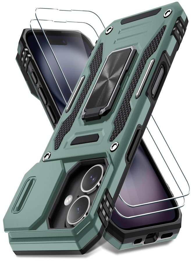 DEERLAMN Case for iPhone 16 with Slide Camera Cover+Screen Protector (2 Packs), Rotated Ring Kickstand Military Grade Shockproof Protective Cover-Green - Image 1