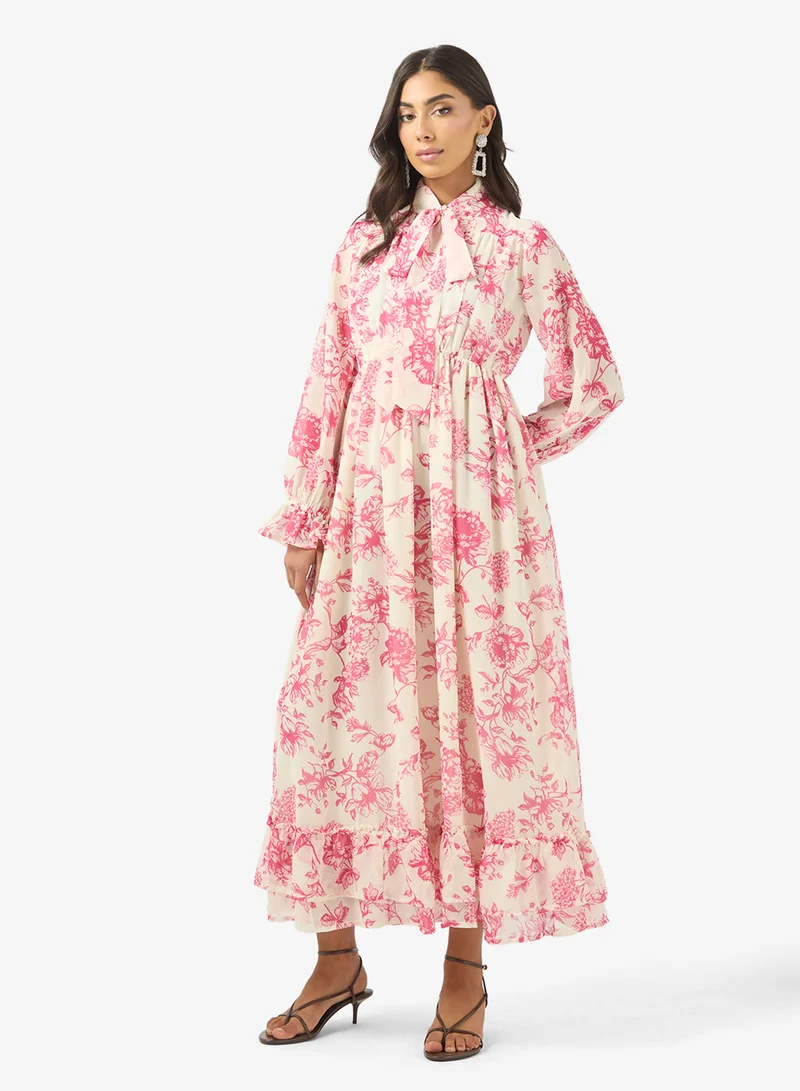 Printed Tie  Neck midi dress