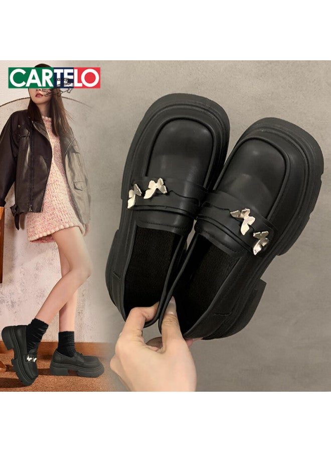 Cartelo Women's Thick Sole Height Increasing Loafers Black British Style Casual Leather Shoes 1628 Black Size 39 - Image 1