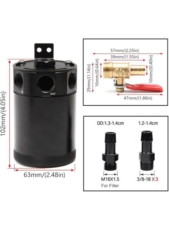 WENJTP Universal 150ml Car Oil Catch Can Kit Reservoir Tank, Compact Baffled 3-Port Oil Separator 2 Inlets 1 Outlet Black with Breather Filter + Drain Valve - Image 2