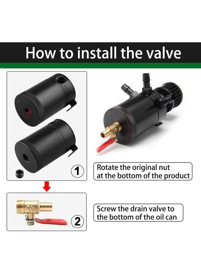 WENJTP Universal 150ml Car Oil Catch Can Kit Reservoir Tank, Compact Baffled 3-Port Oil Separator 2 Inlets 1 Outlet Black with Breather Filter + Drain Valve - Image 3