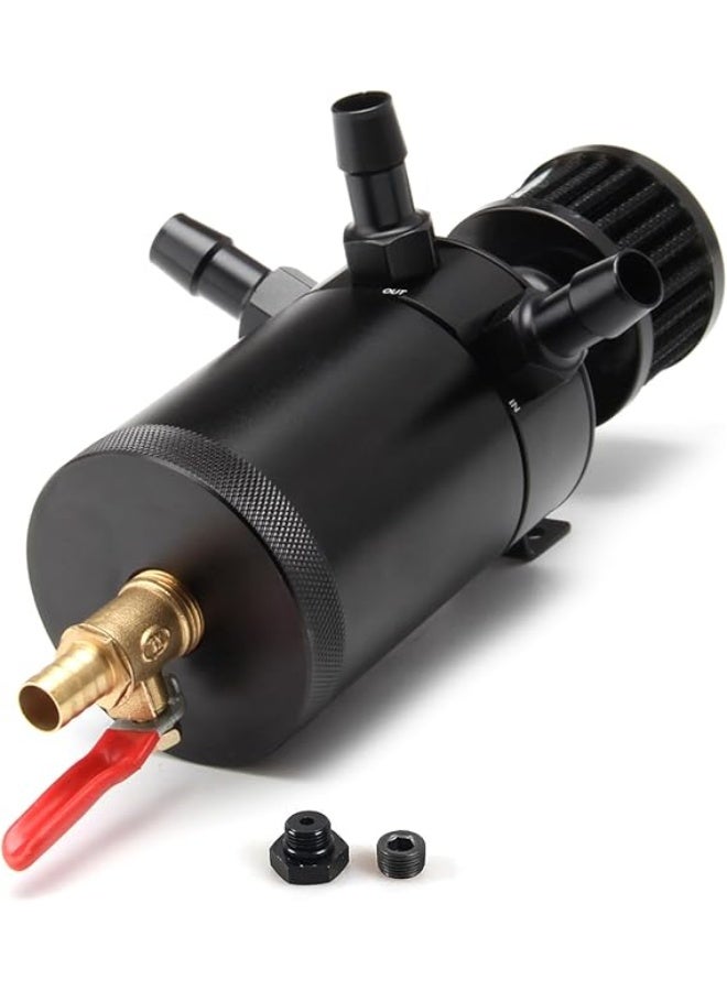 WENJTP Universal 150ml Car Oil Catch Can Kit Reservoir Tank, Compact Baffled 3-Port Oil Separator 2 Inlets 1 Outlet Black with Breather Filter + Drain Valve - Image 1