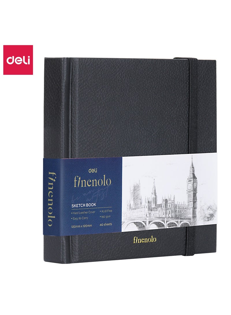 Deli EC285 FINENOLO 12cm*12cm-40pages Black Hard Leather Cover Sketch Book 160g Sketch Paper White - Ideal for Sketching & Painting - Image 1