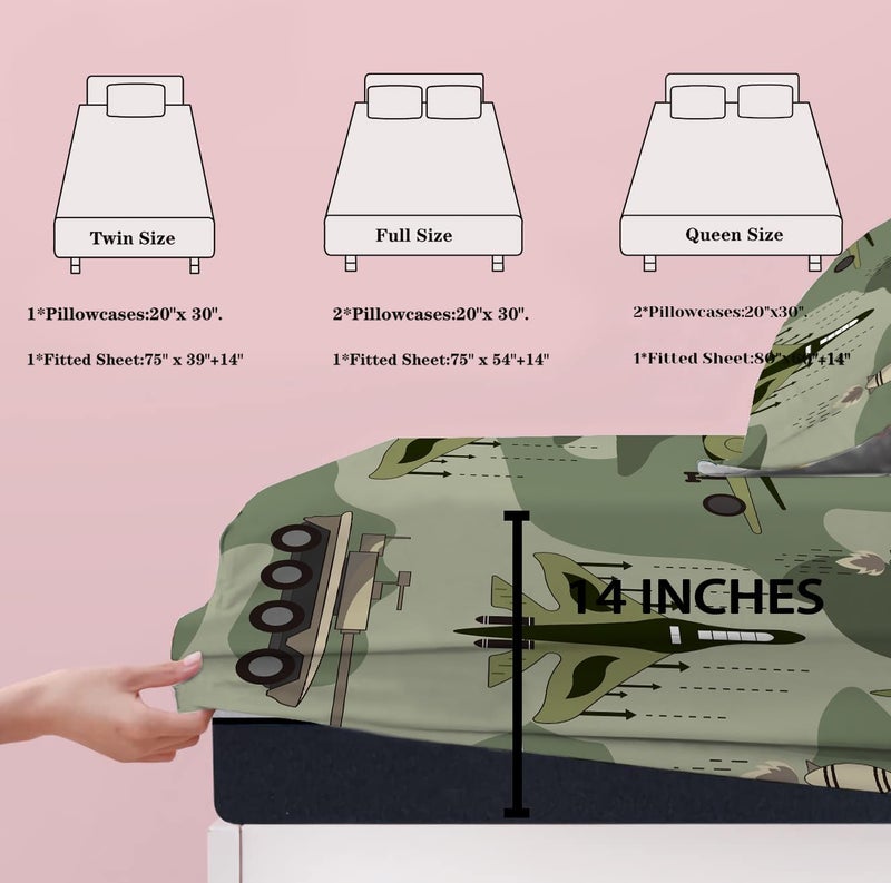 Yasida Yasida Twin Size Fitted Sheets Bedding Airplane Sheets Camo Bed Sheets for Kids Airplane Tank Camping Bed Sheet Set for Boys and Girls 2 Pack Bed Fitted Sheet and Pillowcases Set - Image 2