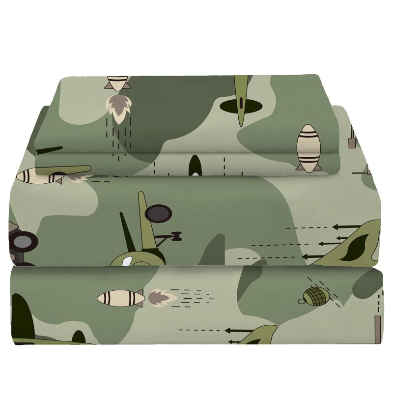 Yasida Yasida Twin Size Fitted Sheets Bedding Airplane Sheets Camo Bed Sheets for Kids Airplane Tank Camping Bed Sheet Set for Boys and Girls 2 Pack Bed Fitted Sheet and Pillowcases Set - Image 1