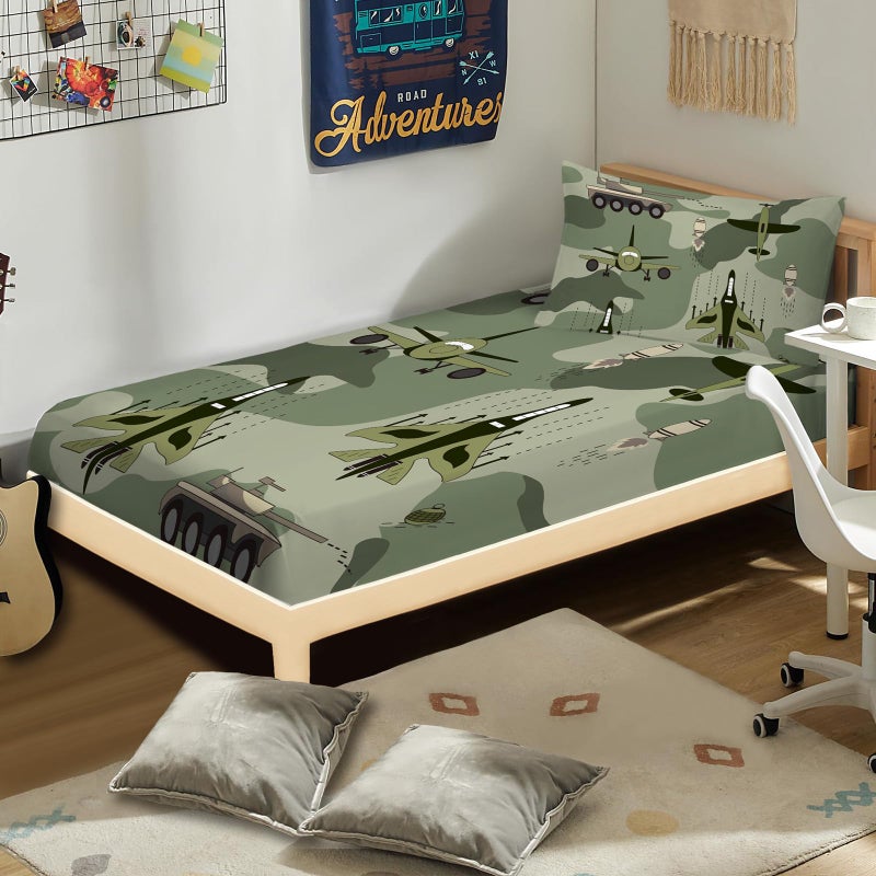 Yasida Yasida Twin Size Fitted Sheets Bedding Airplane Sheets Camo Bed Sheets for Kids Airplane Tank Camping Bed Sheet Set for Boys and Girls 2 Pack Bed Fitted Sheet and Pillowcases Set - Image 3