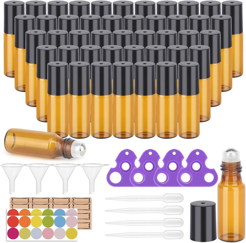 Easytle 48 Pack Essential Oil Roller Bottles, Amber Glass Roller Bottles 5ml, Roller Balls for Essential Oils, Roll on Bottles (192 Pieces Labels, 8 Funnels, 8 Dropper, 4 Opener) 