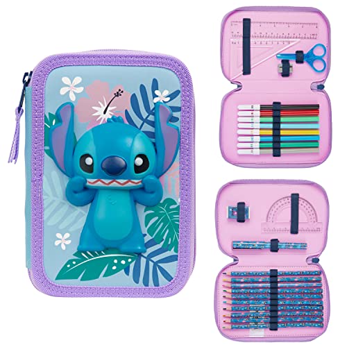 Disney Stitch Filled Pencil Case with Colored Pencils Markers Gifts for Girls Kids Stationery School Art Supplies Pouch Holder Organizer Blue Stitch Double Zip - Image 1