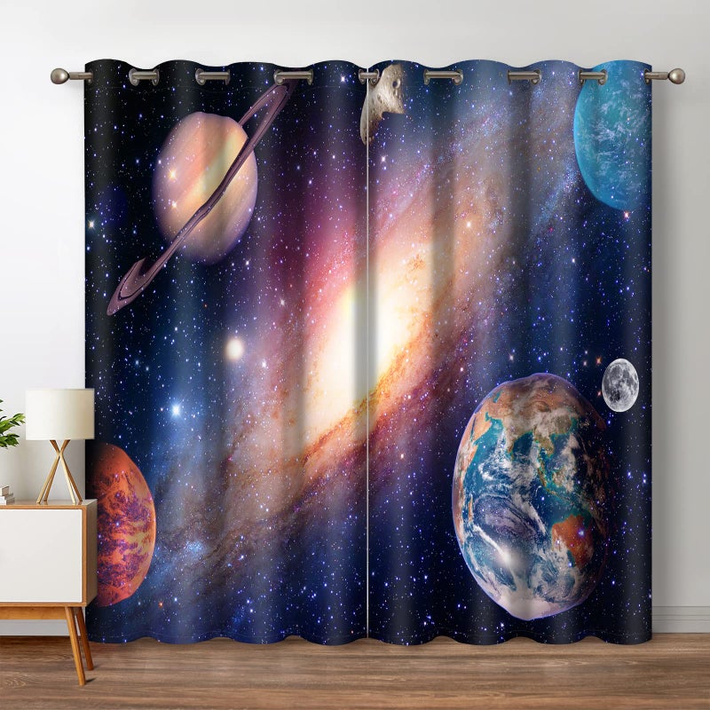 Jekeno Galaxy Planet Stretains Stertains Outer Space Universe Stars Starry Sky Decor for Kids Boys Bedroom Room Darkening Grommet Windows 2 لوحة 42 "X63" - Image 1