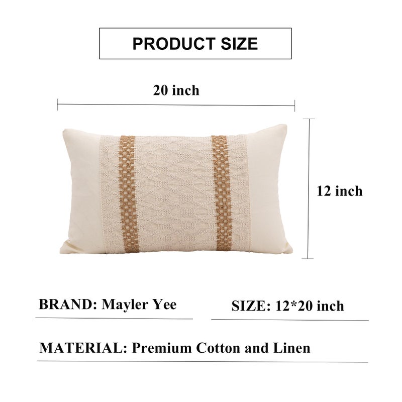 Mayler Yee Lumbar Throw Pillow Covers 12 x 20 Inch 1PC for Farmhouse Living Room  Cotton & Burlap Textured Striped Woven Boho Pillow Covers (Beige & Brown  Double Striped) - Image 3