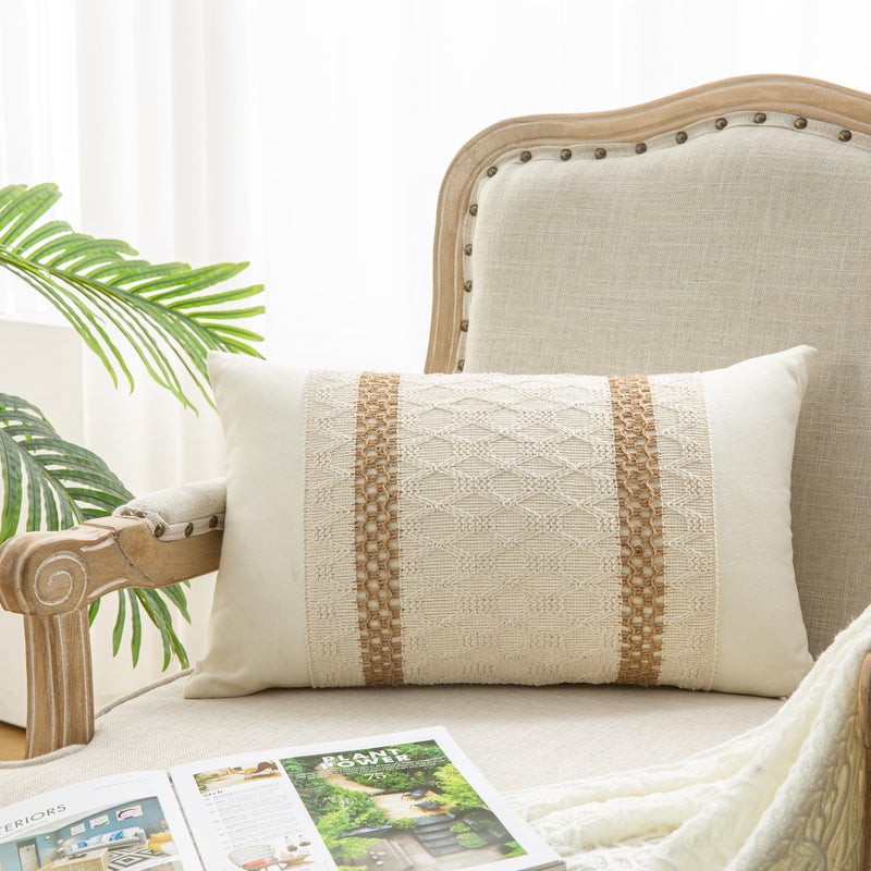 Mayler Yee Lumbar Throw Pillow Covers 12 x 20 Inch 1PC for Farmhouse Living Room  Cotton & Burlap Textured Striped Woven Boho Pillow Covers (Beige & Brown  Double Striped) - Image 1