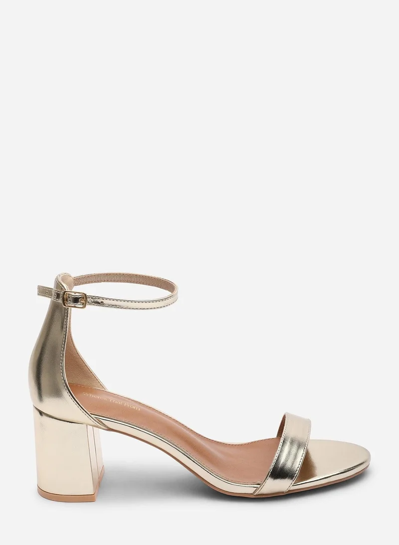 Where's That From Beacon Ankle Strap Block Heel Gold Metallic Sandals