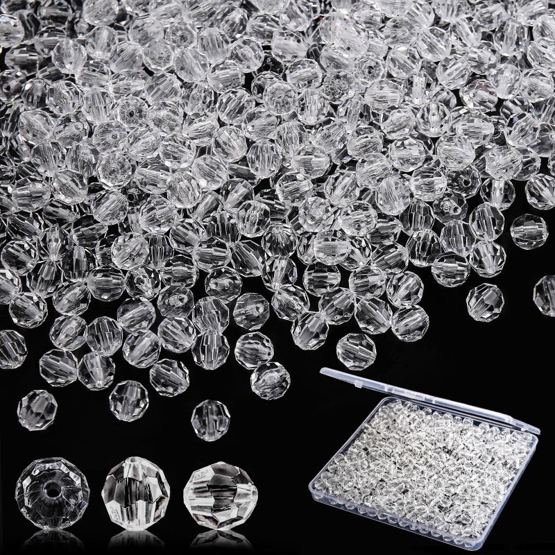 BONNY BOXX 1000pcs 6mm Acrylic Faceted Round Crystal Beads Transparent White Loose Spacer Craft Beads for DIY Bracelet Necklace Earring Keychain Jewelry Making Bags Decoration