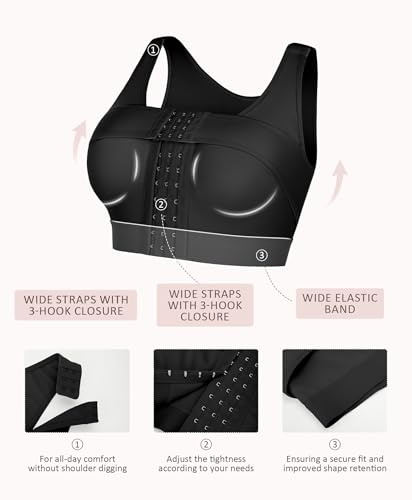 FeelinGirl Post Surgery Compression Bra for Women Wireless Surgical Bra Front Closure Bra Black M - Image 4