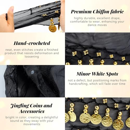 JOLYEAK Belly Dance Hip Scarf Dancing Skirt with Gold Coins Women's Chiffon Belly Dancing Scarf for Yoga Belly Dancing (Black) - Image 4