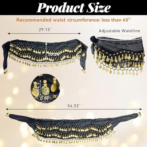 JOLYEAK Belly Dance Hip Scarf Dancing Skirt with Gold Coins Women's Chiffon Belly Dancing Scarf for Yoga Belly Dancing (Black) - Image 2