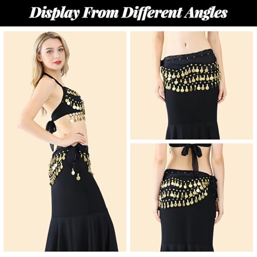 JOLYEAK Belly Dance Hip Scarf Dancing Skirt with Gold Coins Women's Chiffon Belly Dancing Scarf for Yoga Belly Dancing (Black) - Image 3